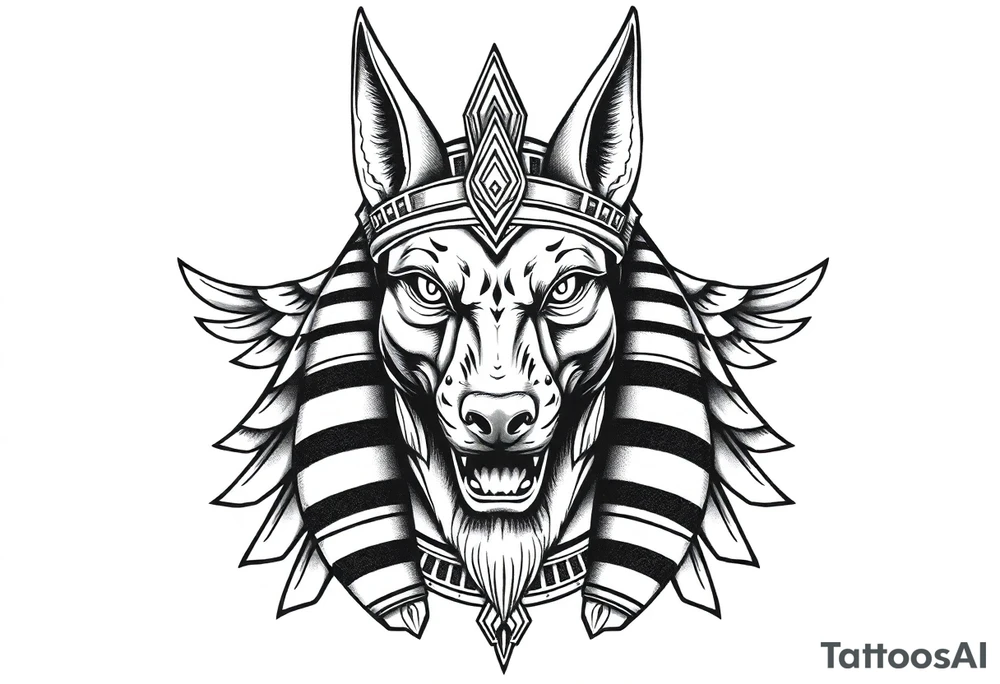 Egyptian Anubis god face muscle in Egypt style  with mantle on head

dog face surrounded Egyptian symbols based on elements tattoo idea