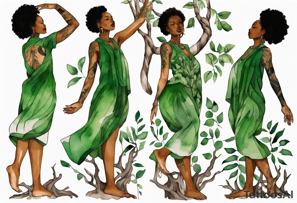 a black woman wearing a green tunic with the lower-half of a tree, her arms raised towards the sun, with legs made out of tree roots tattoo idea