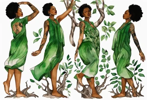 a black woman wearing a green tunic with the lower-half of a tree, her arms raised towards the sun, with legs made out of tree roots tattoo idea