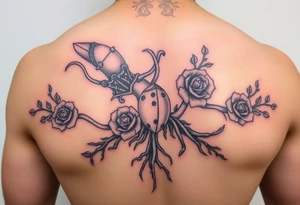 squid, knight intertwined with roses and tree roots rolling dice tattoo idea