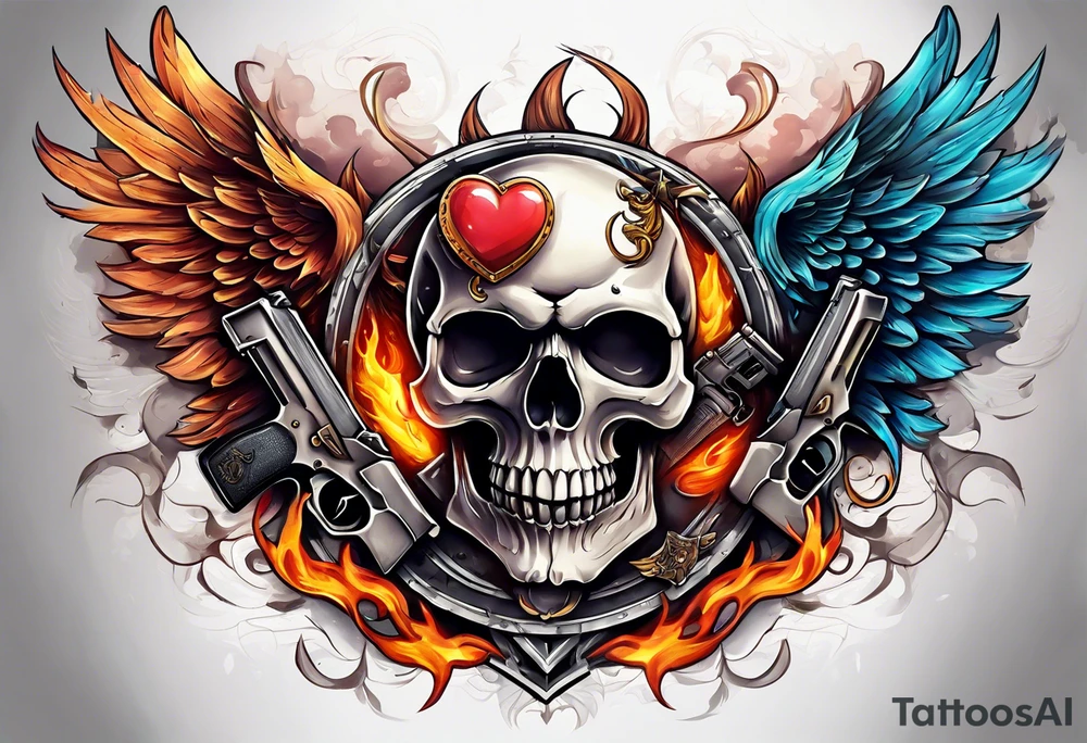 skull with a gun dominated by a  heart with wings and  flames coming out of the top of it tattoo idea