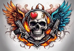 skull with a gun dominated by a  heart with wings and  flames coming out of the top of it tattoo idea
