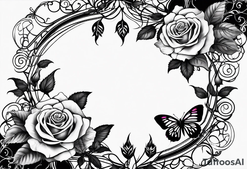 Roses on a vine, thorns, butterfly wings in the center tattoo idea