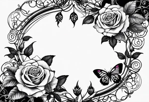 Roses on a vine, thorns, butterfly wings in the center tattoo idea