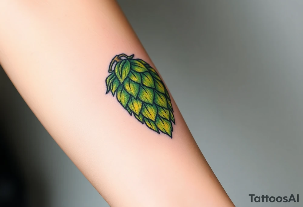 A detailed hop cone with deep green and golden hues, wrapped in barley stalks, symbolizing the essence of brewing tattoo idea