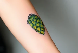 A detailed hop cone with deep green and golden hues, wrapped in barley stalks, symbolizing the essence of brewing tattoo idea