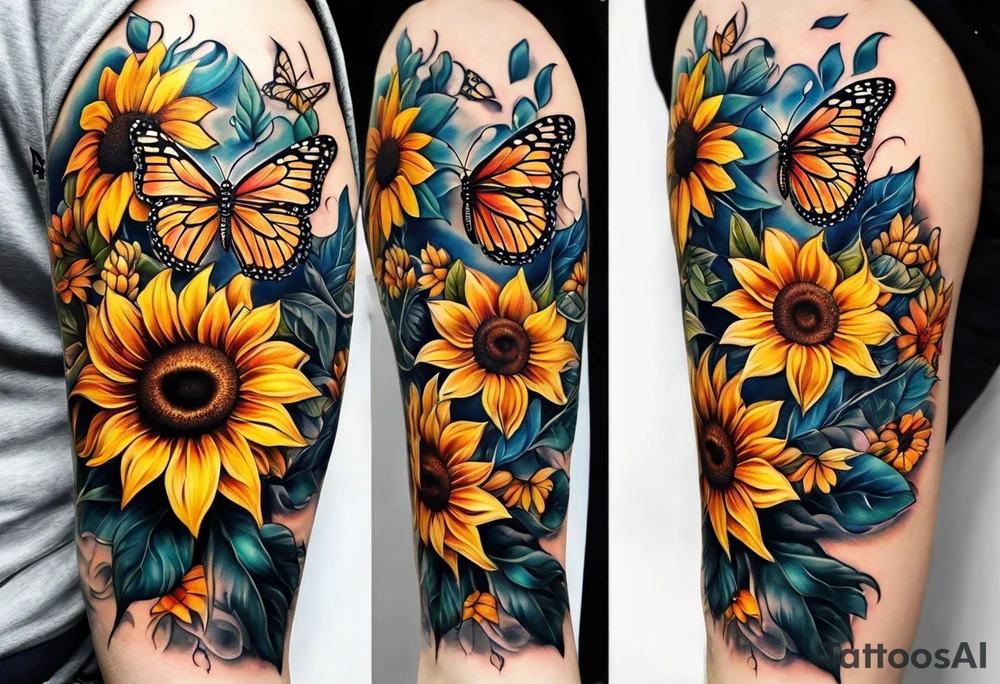 Sunflower and butterfly leg sleeve tattoo idea
