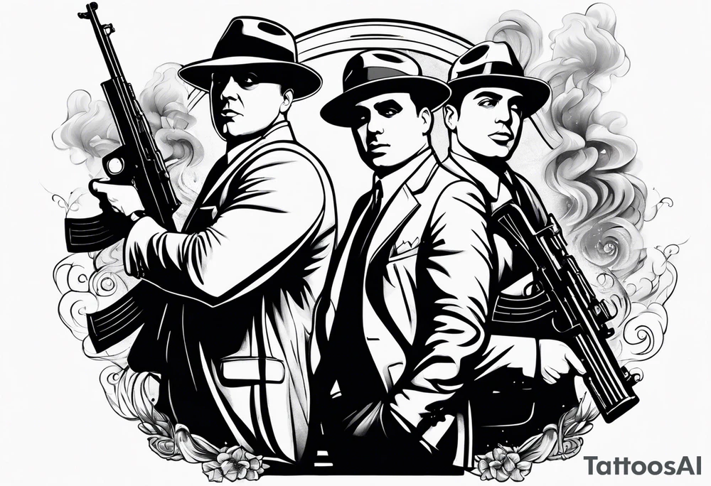 group of gangsters including Al Capone and bonnie and Clyde with machine guns surrounded by smoke and fire tattoo idea