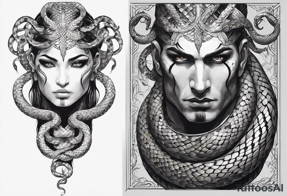snake wrapping around human figure with 8 arms, and a blank face in pencil drawing style. The upper part of the snake will come up from the right and look back at the man figure. There will be a black eye above the man looking directly forward. tattoo idea