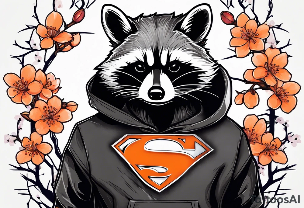 Raccoon wearing a white Superman logo on a black hoodie and orange Japanese cherry blossoms tattoo idea