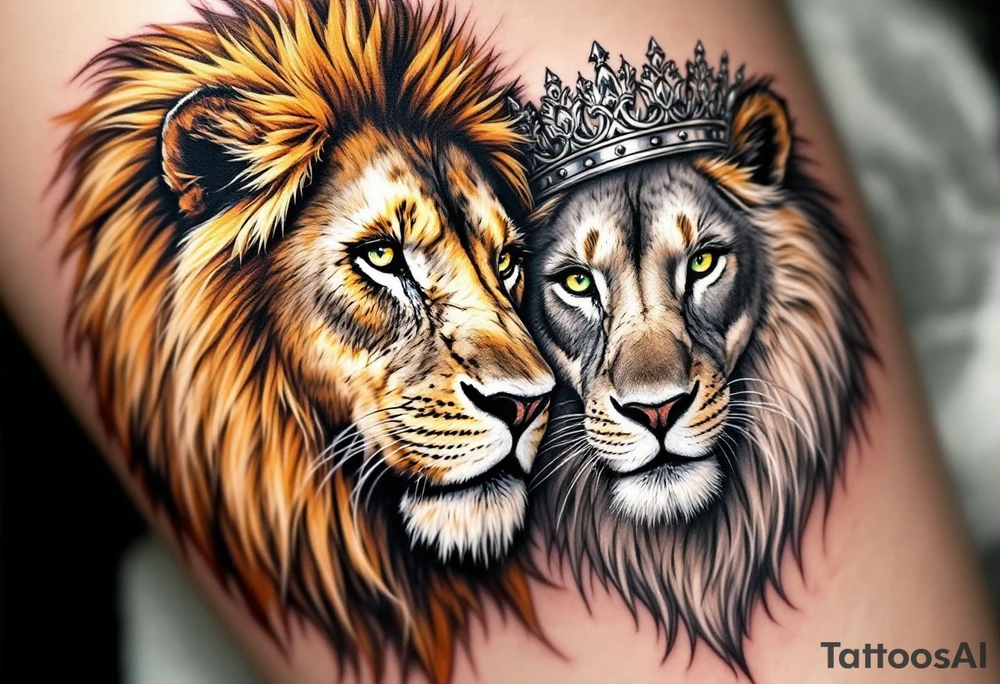 A lion with a golden mane facing a lioness with a silver crown, their eyes inked in piercing green and amber. tattoo idea