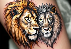 A lion with a golden mane facing a lioness with a silver crown, their eyes inked in piercing green and amber. tattoo idea