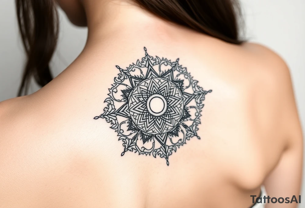intricate mandala with sacred geometry and cosmic elements tattoo idea