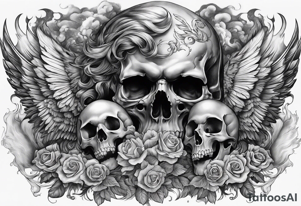 Angels vs demons full sleeve with skulls and fire and smoke for filler tattoo idea