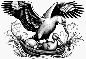 Stork flying and carrying baby hippo in sack tattoo idea