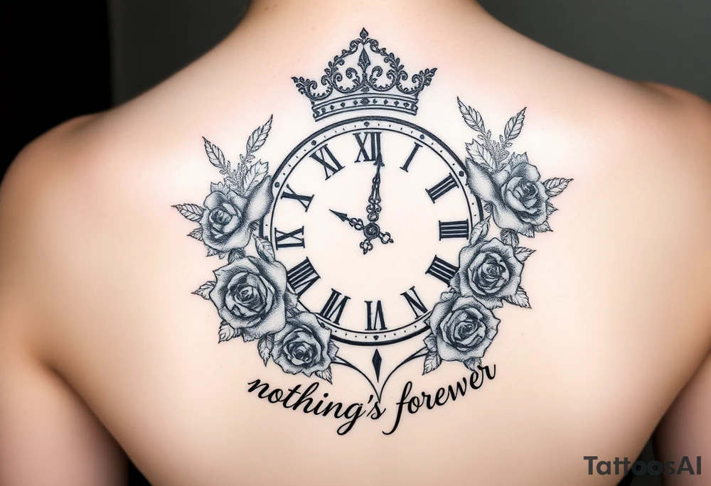 Roman clock with a crown, surrounded by 3 roses and a quote that says nothings forever tattoo idea