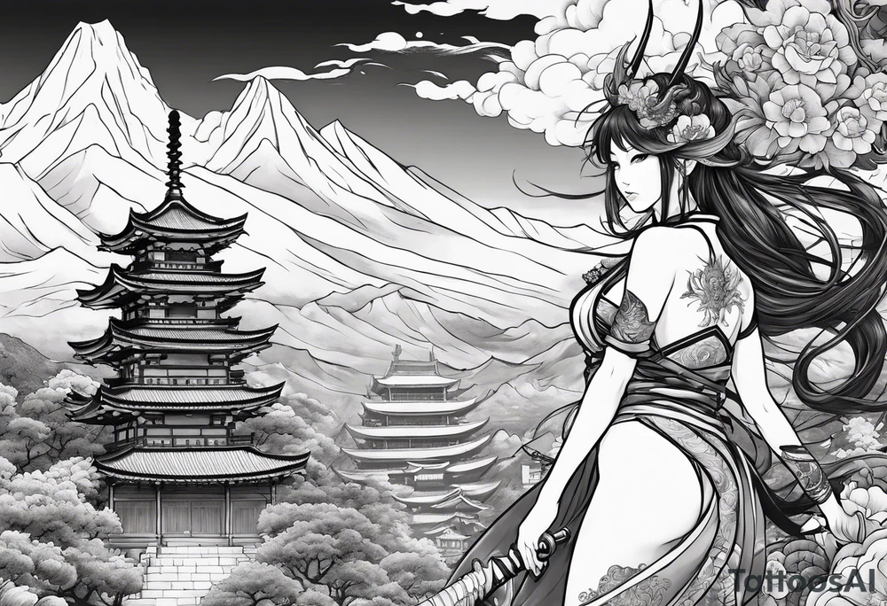 warrior fairy nymph with full body with sword and a full dragon with a mountain with clouds and a Japanese building background tattoo idea