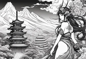 warrior fairy nymph with full body with sword and a full dragon with a mountain with clouds and a Japanese building background tattoo idea