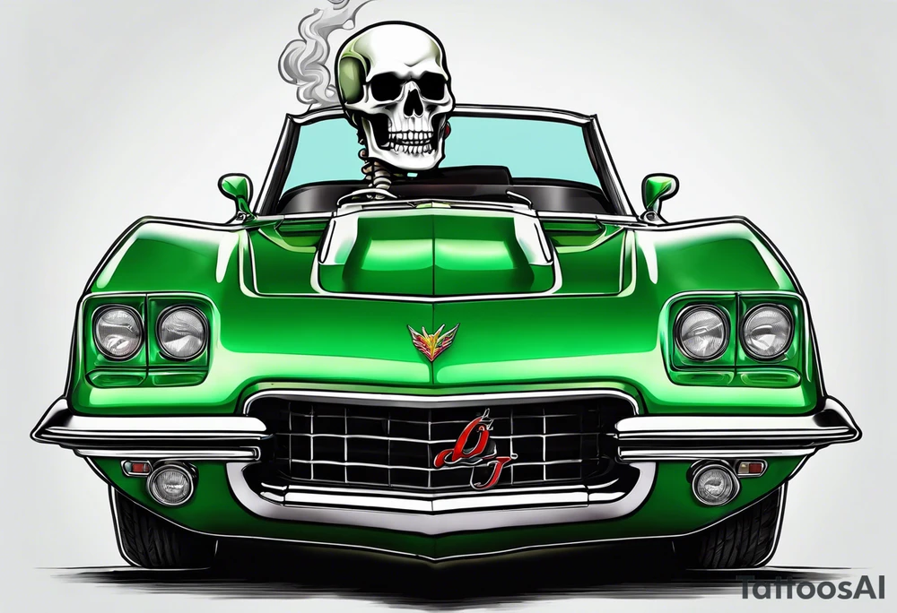 Skeleton smoking a cigarette driving a green 1976 convertible Corvette tattoo idea