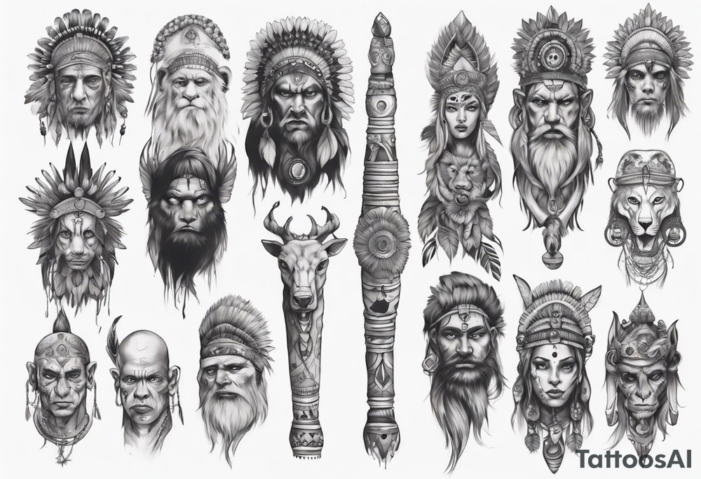 indian realistic leg sleeve with humans and maybe some animals evil looking tattoo idea