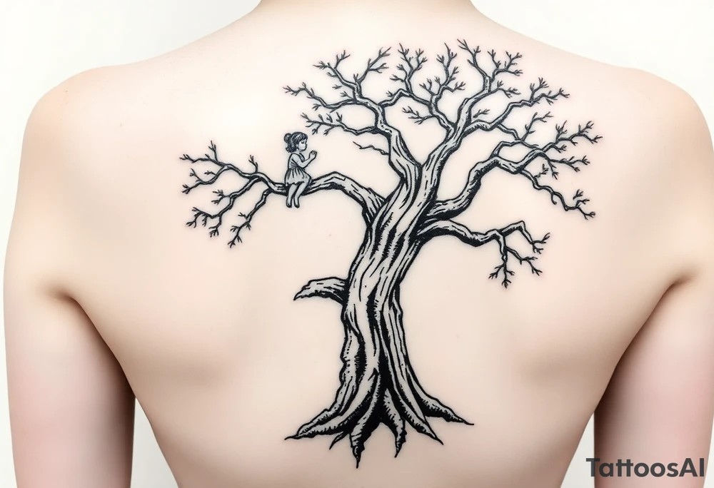 A strong and tall oak tree, with deep roots, with scratches and tears on the trunk. On a long branch, half way up the tree, sits a little girl and Jesus gazing into the distance. tattoo idea