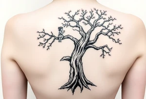 A strong and tall oak tree, with deep roots, with scratches and tears on the trunk. On a long branch, half way up the tree, sits a little girl and Jesus gazing into the distance. tattoo idea