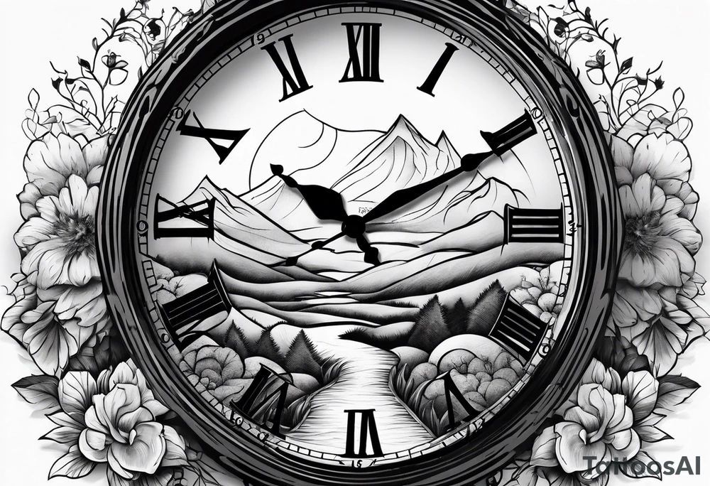 clock with landscape tattoo idea