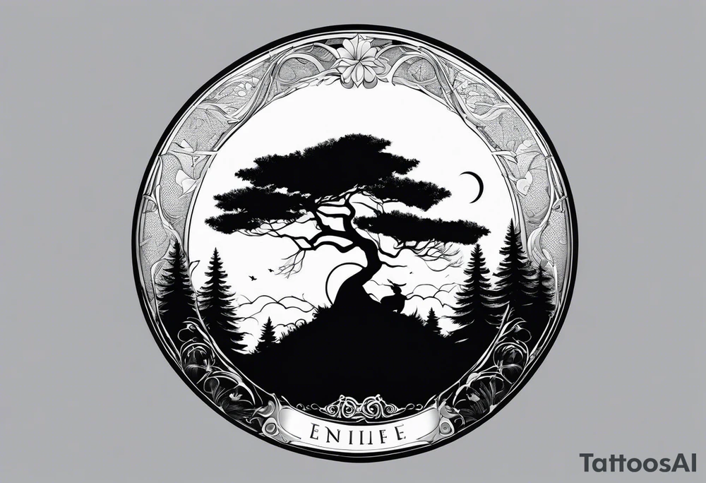 The tattoo will be a unique horizontal image. At the base, there will be a thin line to symbolize the horizon. Above it, various trees in silhouette with delicate details, representing different species, including oaks and pines among others, will be distributed along the horizon. The trees need to be interspersed with open spaces, creating a play of light and shadow. On the horizontal line, just after the sequence of trees starting from the left to the right, I would like to include a cabin with a small mountain behind it. tattoo idea