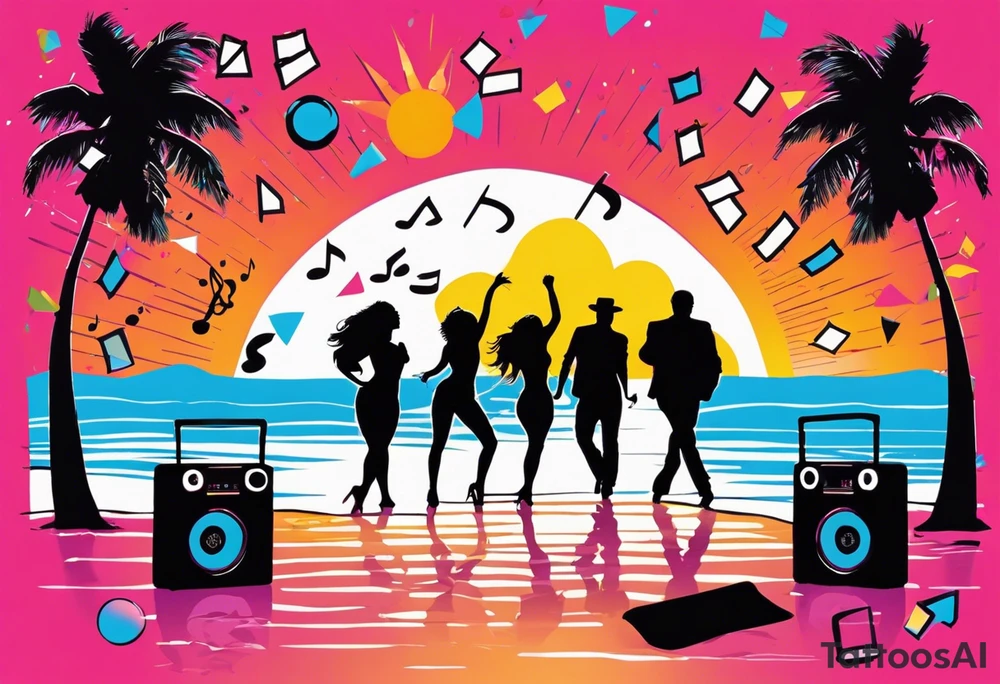 1980's miami vice style beach dance 
party, include confetti, music notes, boom box, SILHOUETTE bikinis sunset in the center tattoo idea