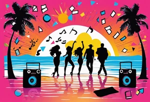 1980's miami vice style beach dance 
party, include confetti, music notes, boom box, SILHOUETTE bikinis sunset in the center tattoo idea