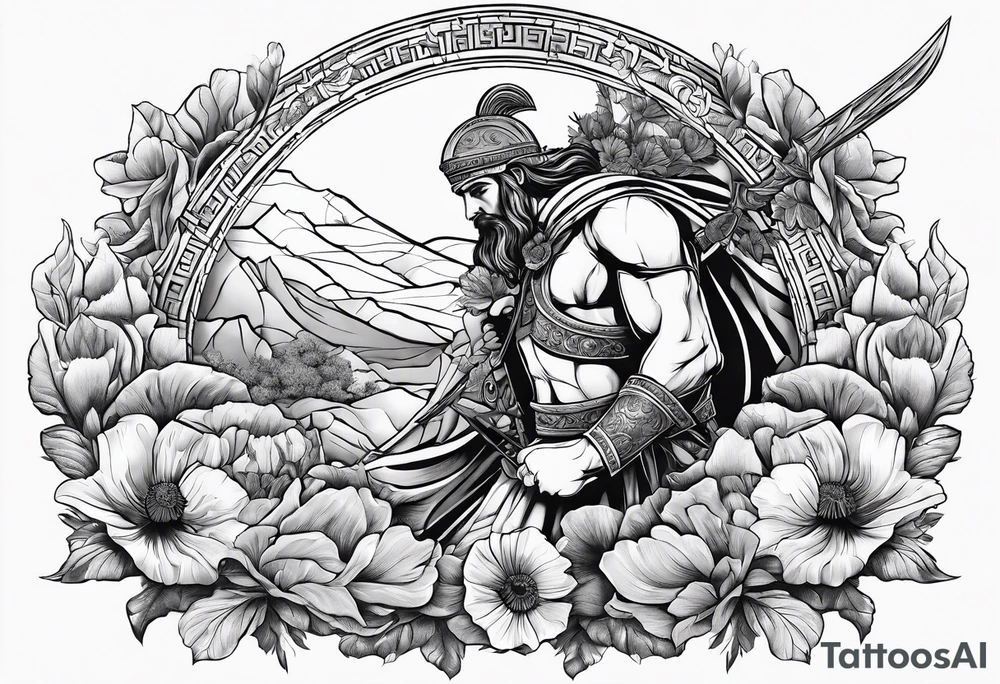 Greek warrior tending to Poppy flower growing out of rock tattoo idea