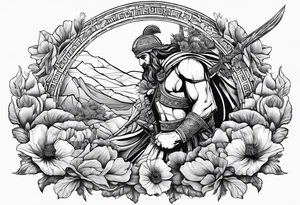 Greek warrior tending to Poppy flower growing out of rock tattoo idea