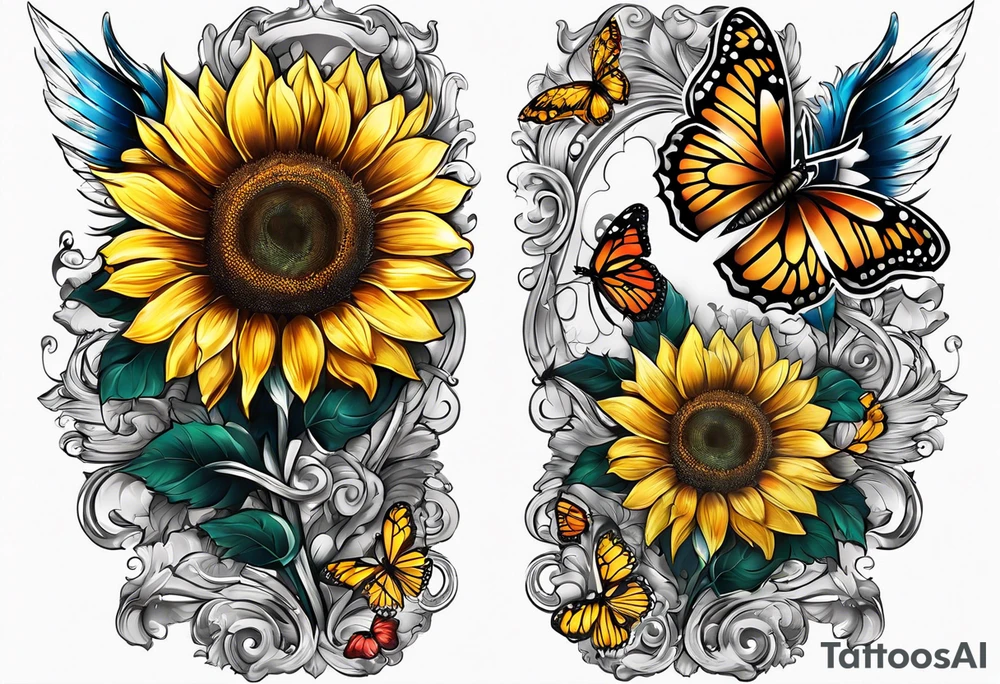 Arm sleeve with Winged cross with sunflower and butterflies tattoo idea