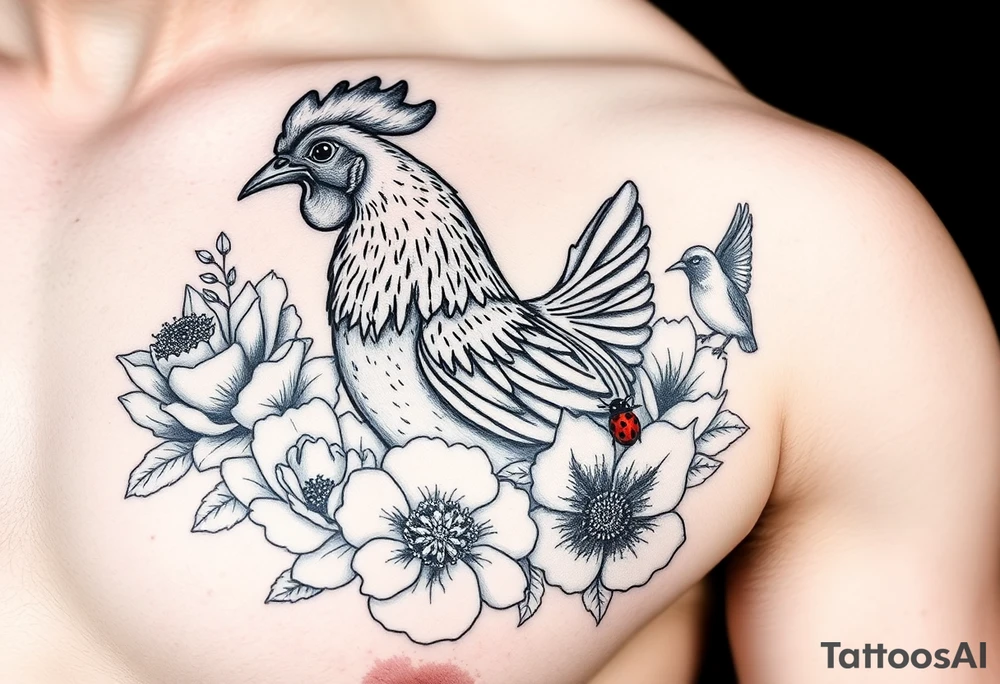 A chicken surrounded by peony , roses and hydrangeas with ladybug on flowers petal with hummingbird tattoo idea