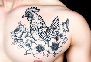 A chicken surrounded by peony , roses and hydrangeas with ladybug on flowers petal with hummingbird tattoo idea
