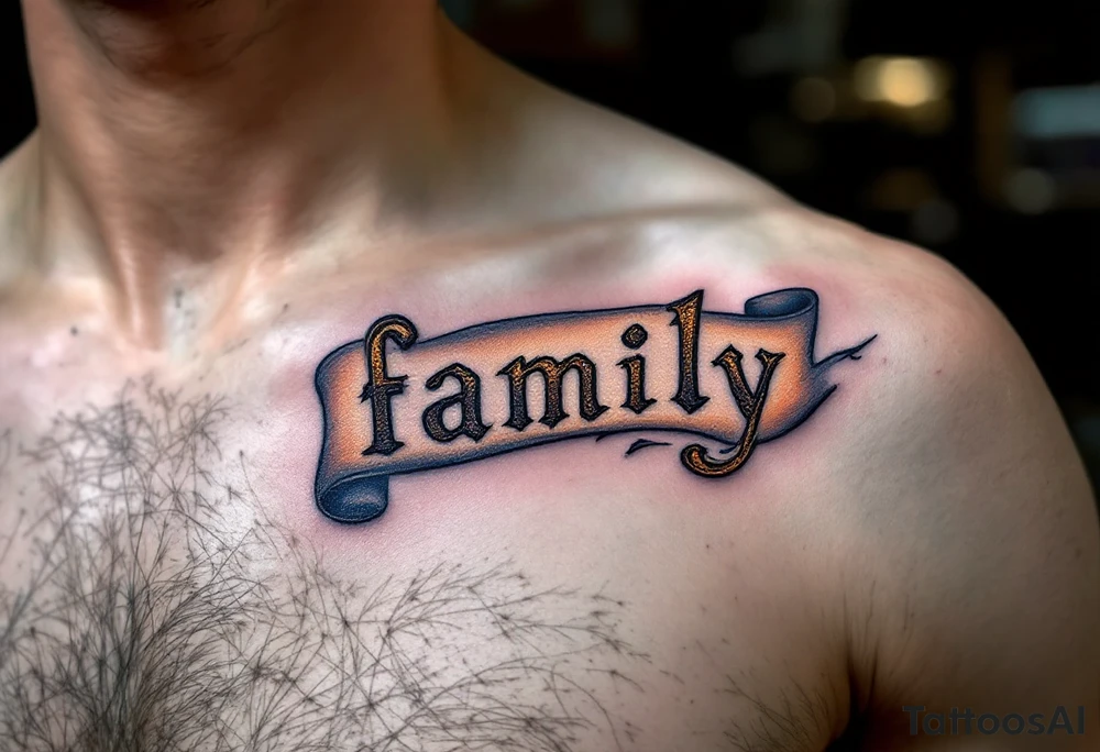 Family Banner Tattoo – The word "family" across a scroll banner, with gold and black shading for an old-fashioned, royal design. tattoo idea