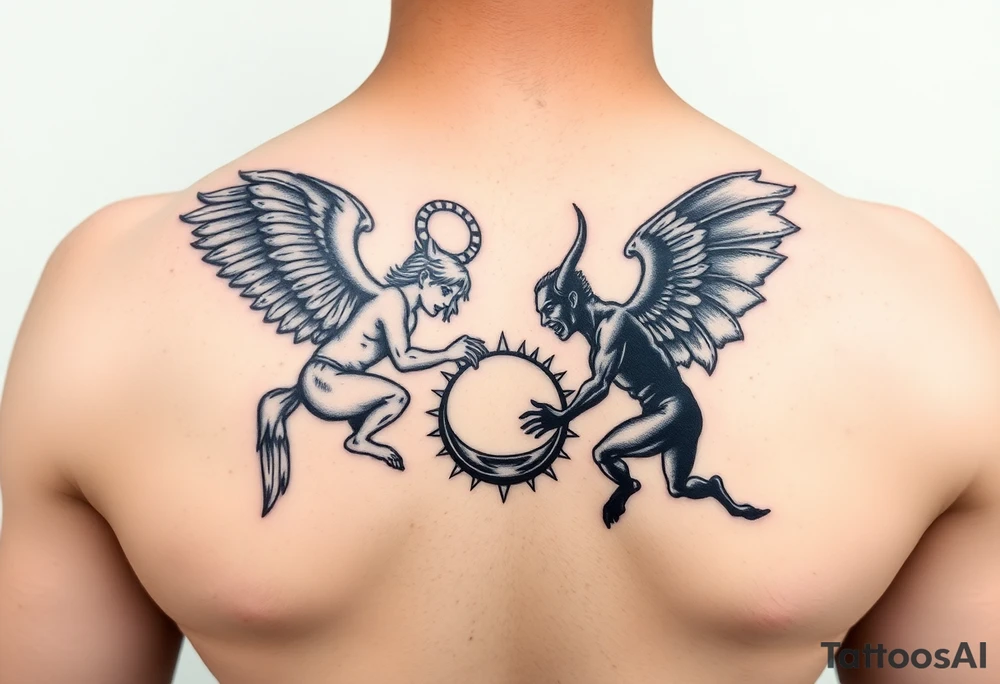 white angel and black devil flying at each other, fighting over a halo tattoo idea