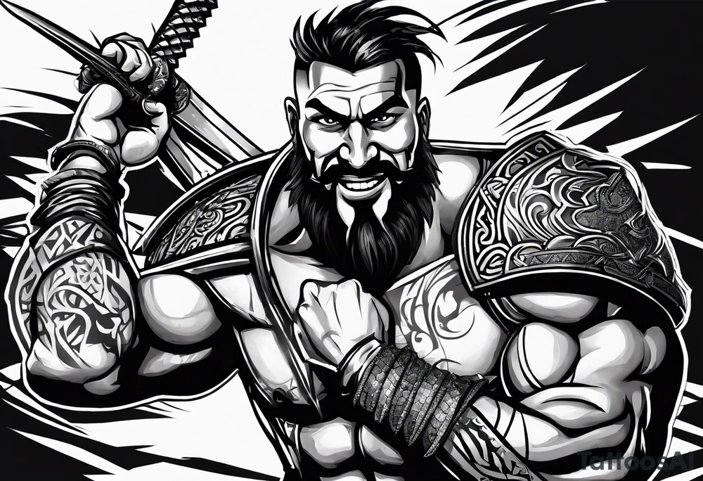 Draw me badgerman with aggressive full body show, killer face with cute smile, very long nails and he attacks like a Turkish gladiator to enemy and also he has very deadly looking. The only weapon is his braveness he fights with his nails. tattoo idea