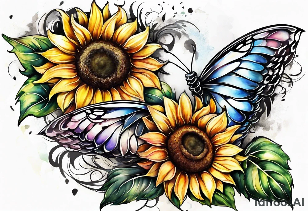 Sunflowers and angel wings leg sleeve tattoo idea