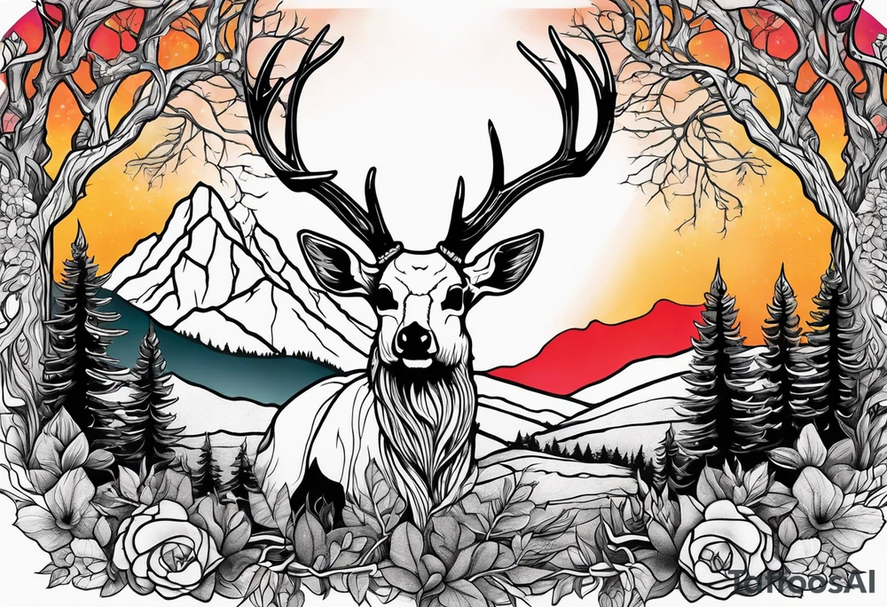 deer skull mountain trees tattoo idea
