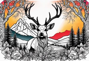deer skull mountain trees tattoo idea