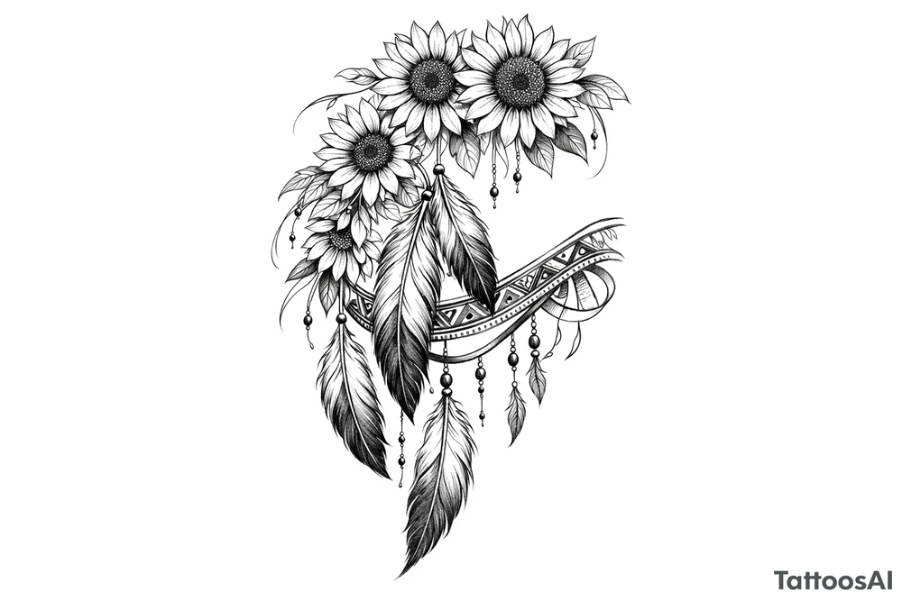 Cascading Sunflowers over Indian feathers and Indian ribbon tattoo idea