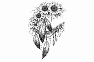 Cascading Sunflowers over Indian feathers and Indian ribbon tattoo idea