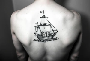 bland and white detailed linework drawing of Spaniard ship sailing for forearm tattoo idea