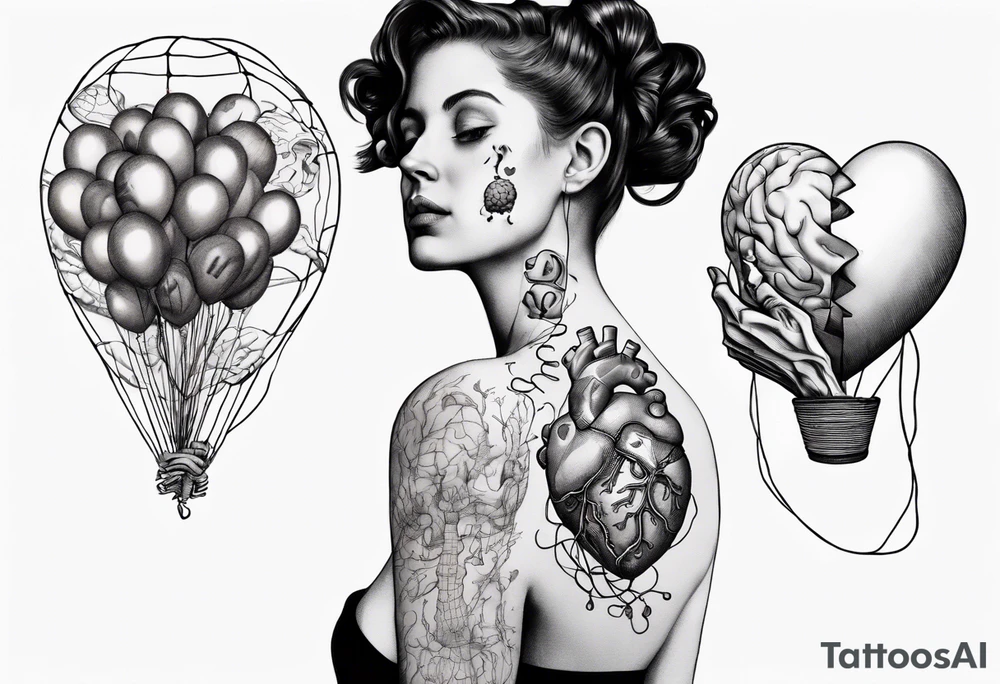 Woman's hand holding balloons tied to string, balloons in shape of anatomical heart and an anatomical brain tattoo idea
