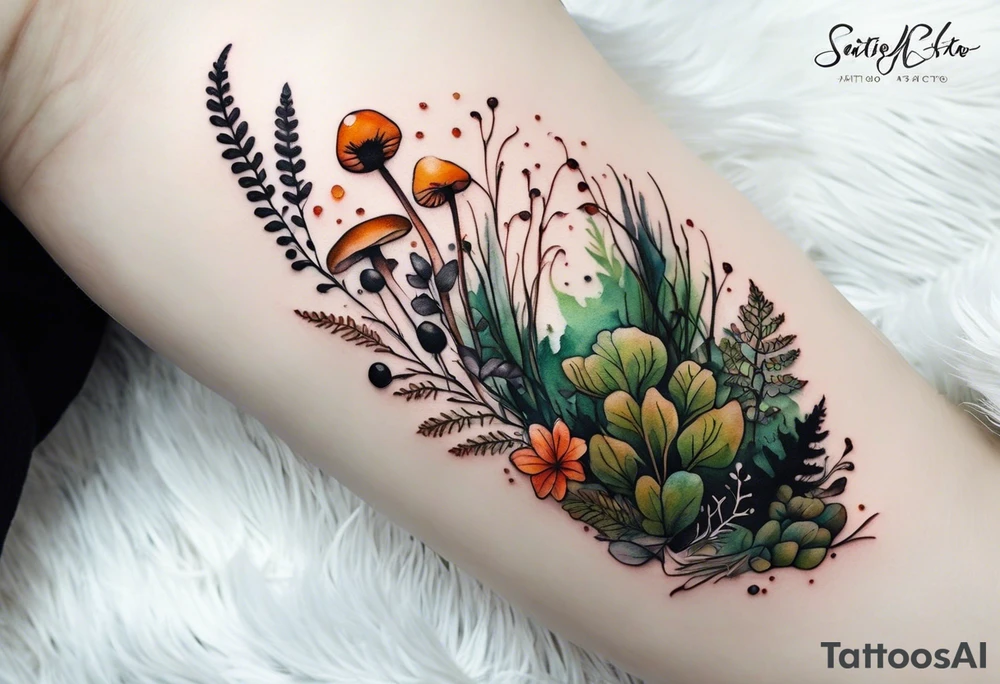 forest floor inspired minimalist tattoo, which includes grass, curly ferns, moss and dead leaves as the bulk of the tattoo. details to include: forest berries, a tiny bumblebee flying nearby, three small brown mushrooms
Generate a vertically long one tattoo idea