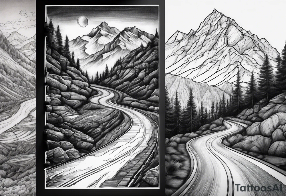 road tattoo into mountain tattoo idea