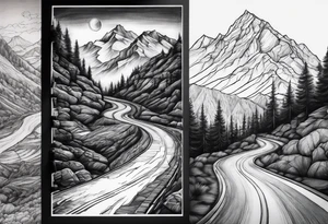 road tattoo into mountain tattoo idea