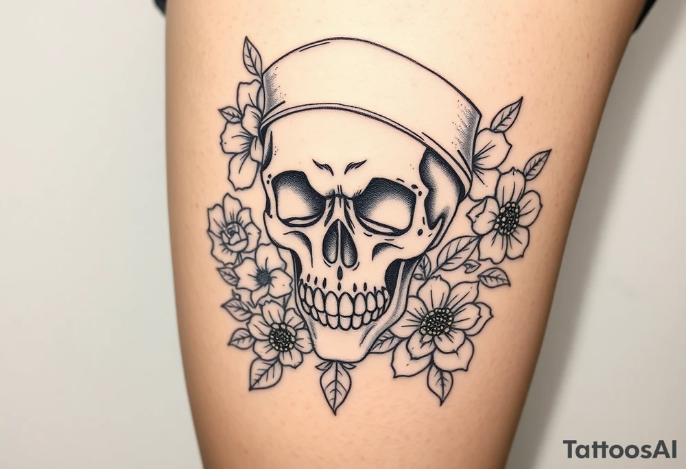 Skull nurse with flower’s and honey combs background tattoo idea