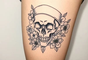 Skull nurse with flower’s and honey combs background tattoo idea